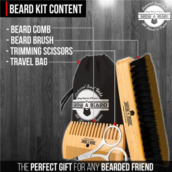 Beard Brush For Men & Beard Comb Set w/Mustache Scissors Grooming Kit - Picture 5 of 7